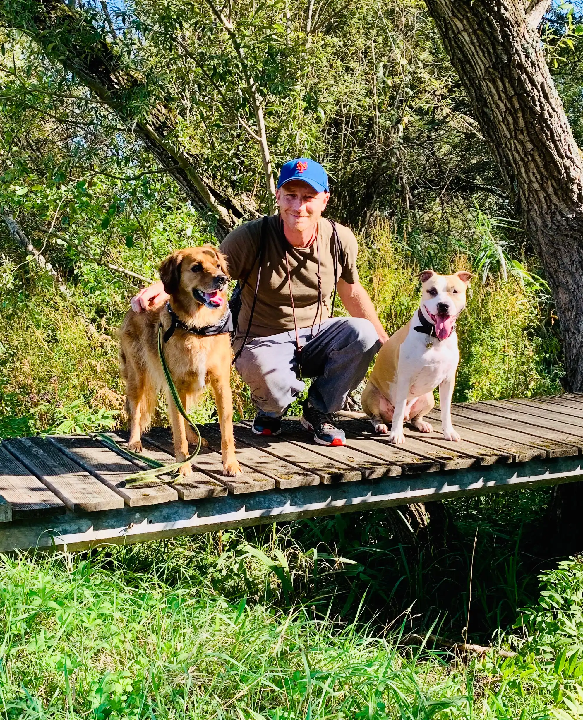 Educateur canin avec deux chiens heureux