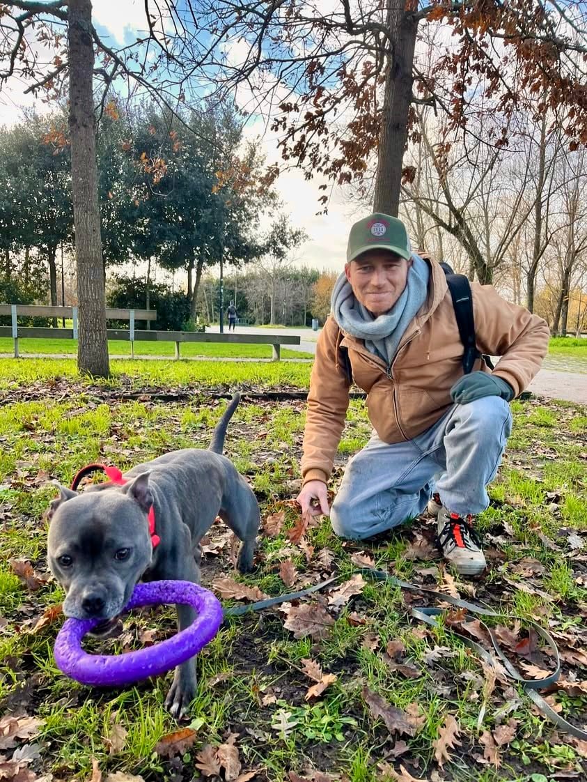 Matthieu éducateur canin et Lenny staffie