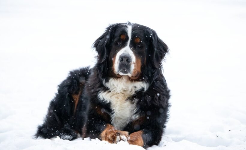 Bouvier Bernois allongé dans la neige